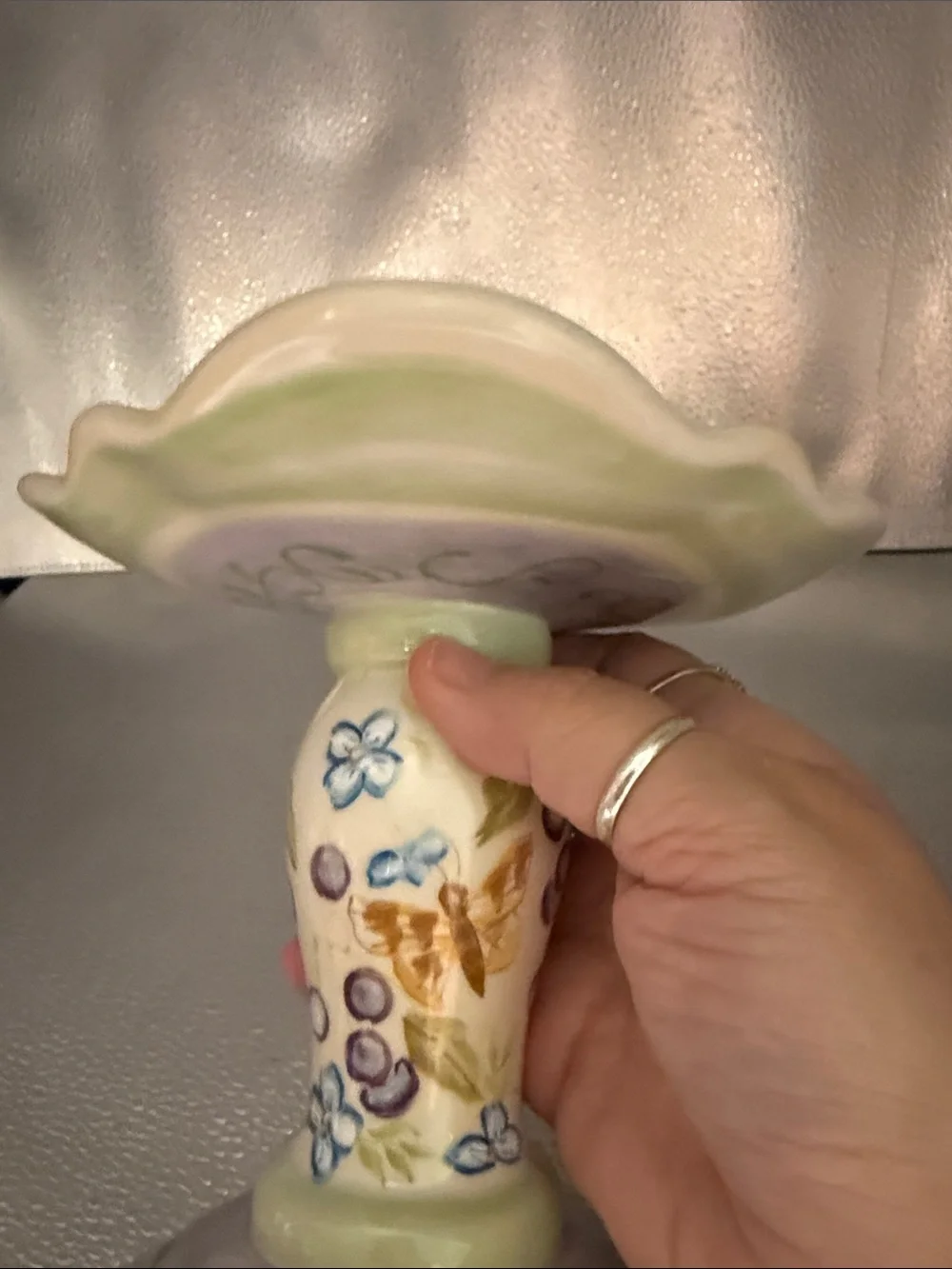 Hand-Painted Floral Ceramic Pillar Candle Holder in Soft Pastels